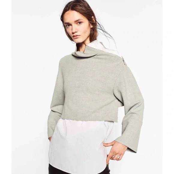 Zara Trafaluc Zip Shoulder Layered Top Mock Neck Gray White Size Small - Picture 3 of 11